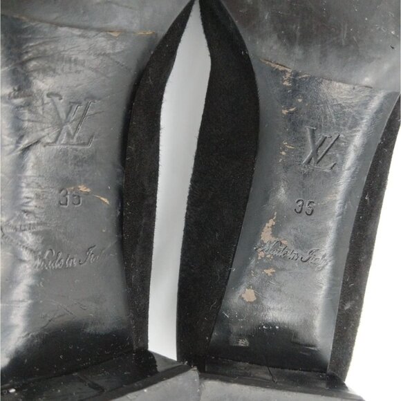 LOUIS VUITTON Womens Pump SZ 35 Leather Suede Kitten Block Heel Black Round Toe - Picture 4 of 14